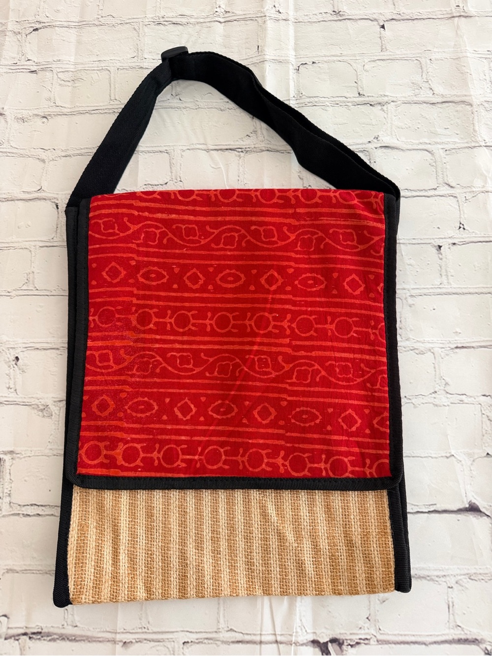 Natural Handmade Boho Red Patterned Canvas & Jute Shoulder Bag